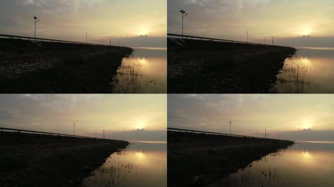 鄱阳湖防汛堤日落