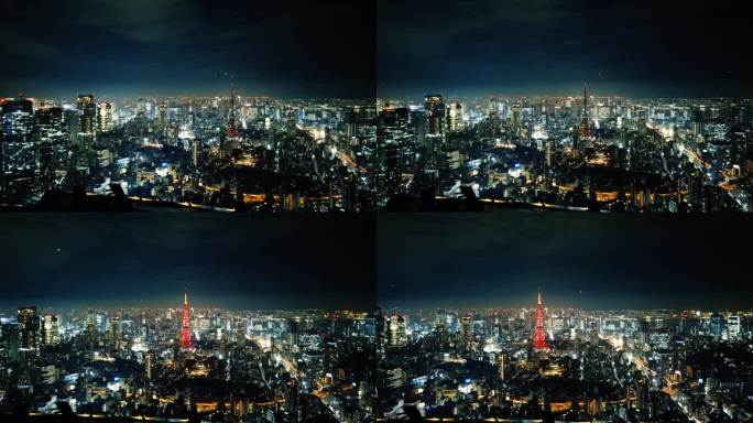 俯瞰东京夜景的延时摄影，东京塔从熄灭到亮红色的过程