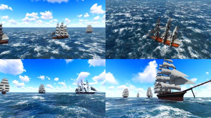 帆船舰队航扬帆起航乘风破浪三维动画