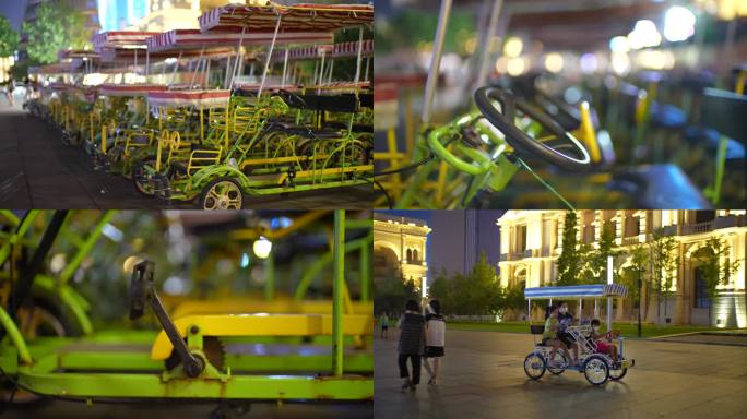 夜晚景区自行车 游客骑行自行车