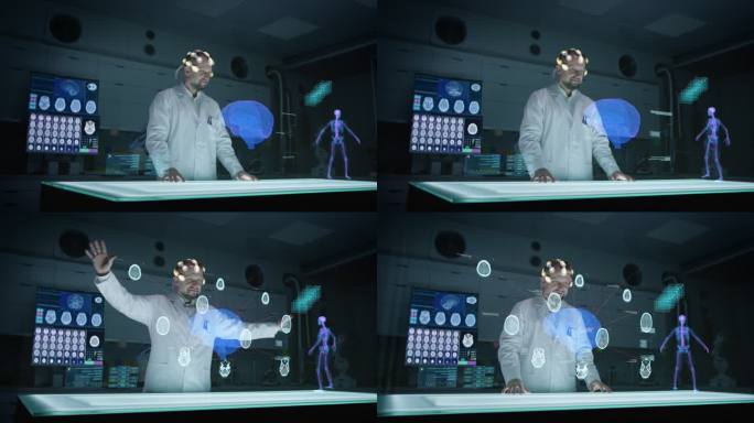 男性科学家的未来实验室。全息三维大脑模型。扫描伤情。