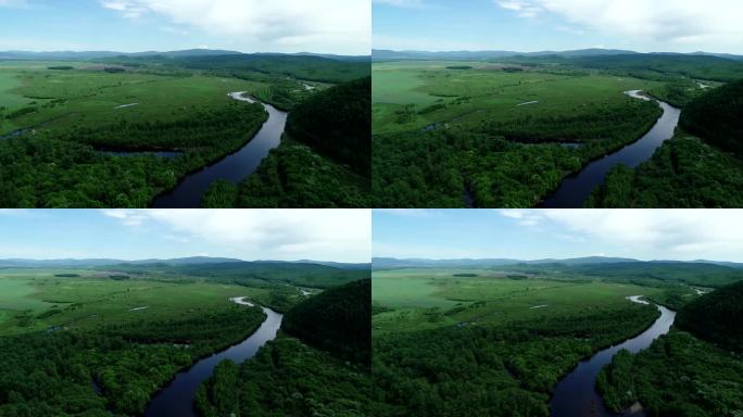 航拍绿色原野河湾风景