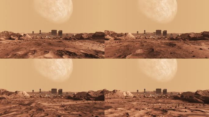火星的太空殖民。未来空间站，木星在天空中可见