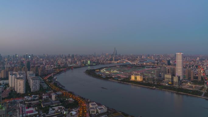 4K 上海徐汇俯瞰黄浦江蜿蜒陆家嘴日转夜