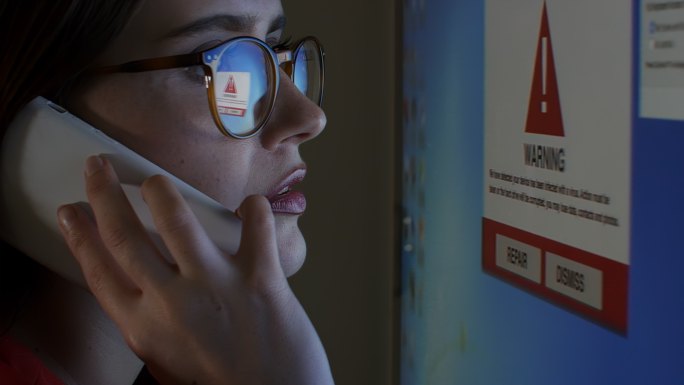 计算机屏幕警告，电话支持。一个戴眼镜的年轻女子。