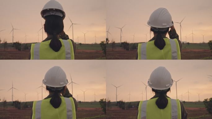 慢镜头特写：一名女工程师在日落时戴上施工头盔
