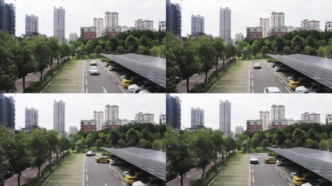 屋顶安装太阳能电池板的社区停车场鸟瞰图