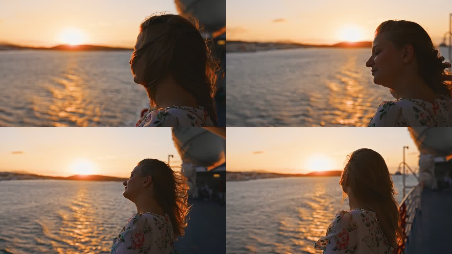 撒丁岛游轮上金发女孩的慢镜头。