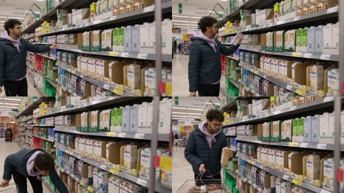 购买燕麦牛奶男人超市购物货架