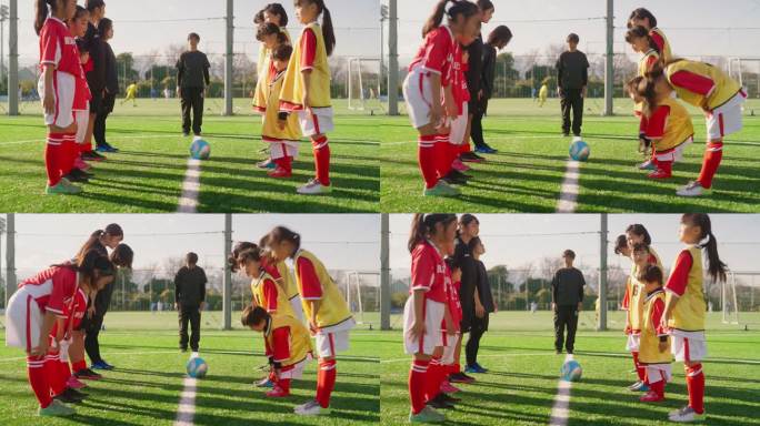 女性儿童足球队或足球队成员及其教练在开始练习前相互尊重和鞠躬