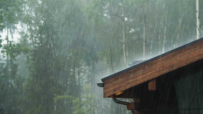 大雨倾泻在屋顶上极端天气倾盆大雨雨天空镜