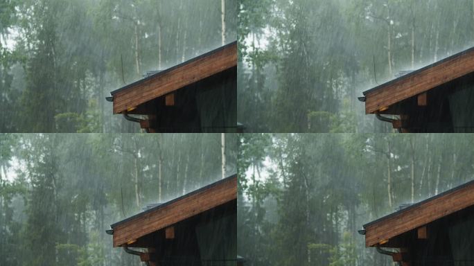 大雨倾泻在屋顶上极端天气倾盆大雨雨天空镜