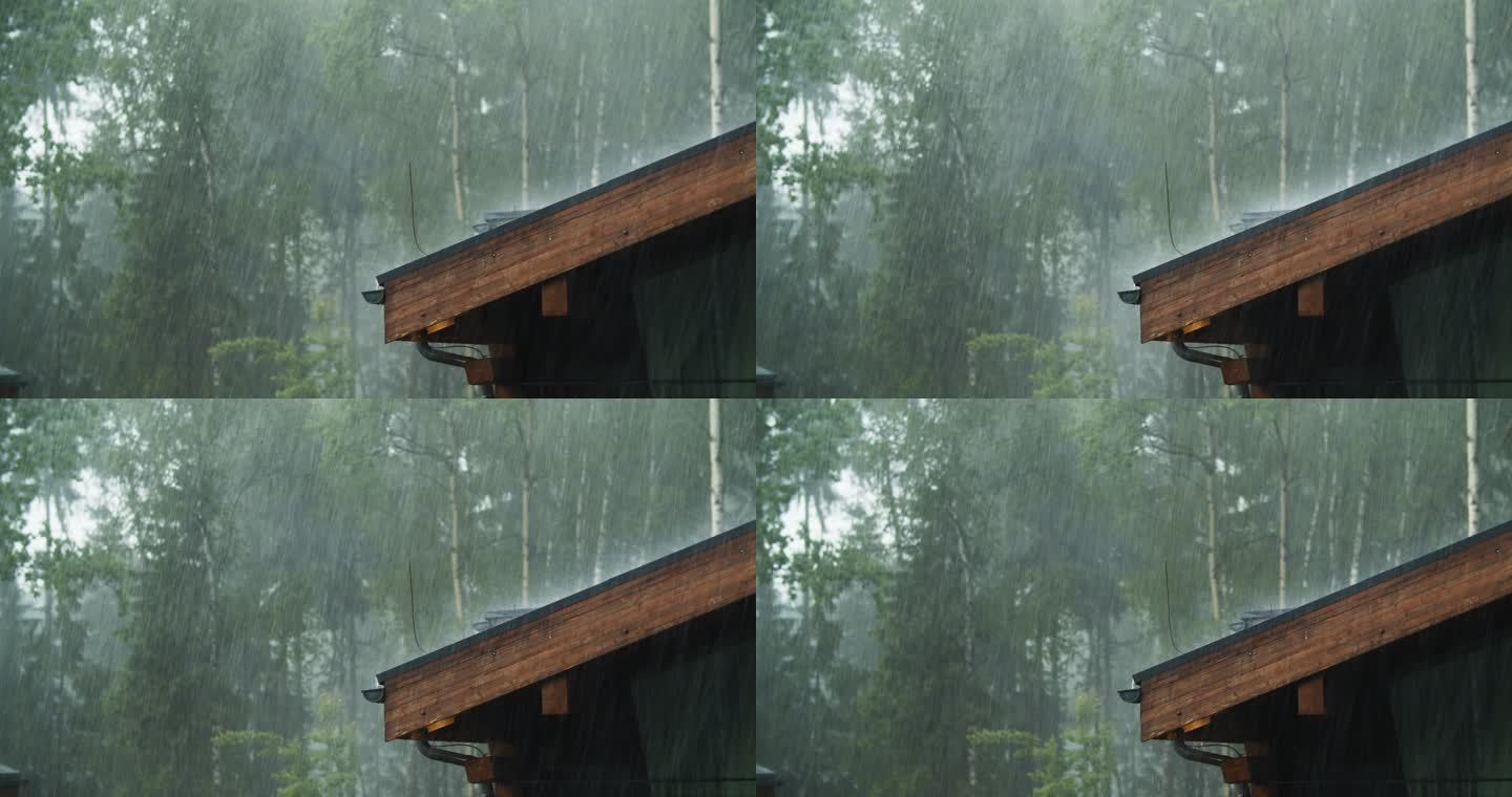 大雨倾泻在屋顶上极端天气倾盆大雨雨天空镜