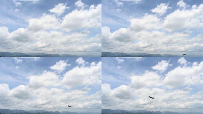 蓝天白云下机场上空起飞爬升的飞机