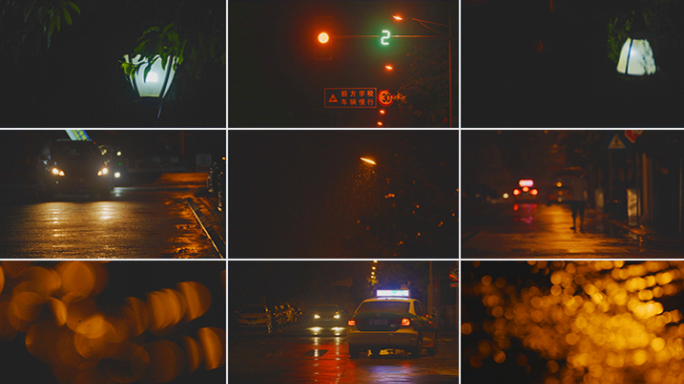 城市夜景光斑街道雨景下雨的夜晚夜景雨景