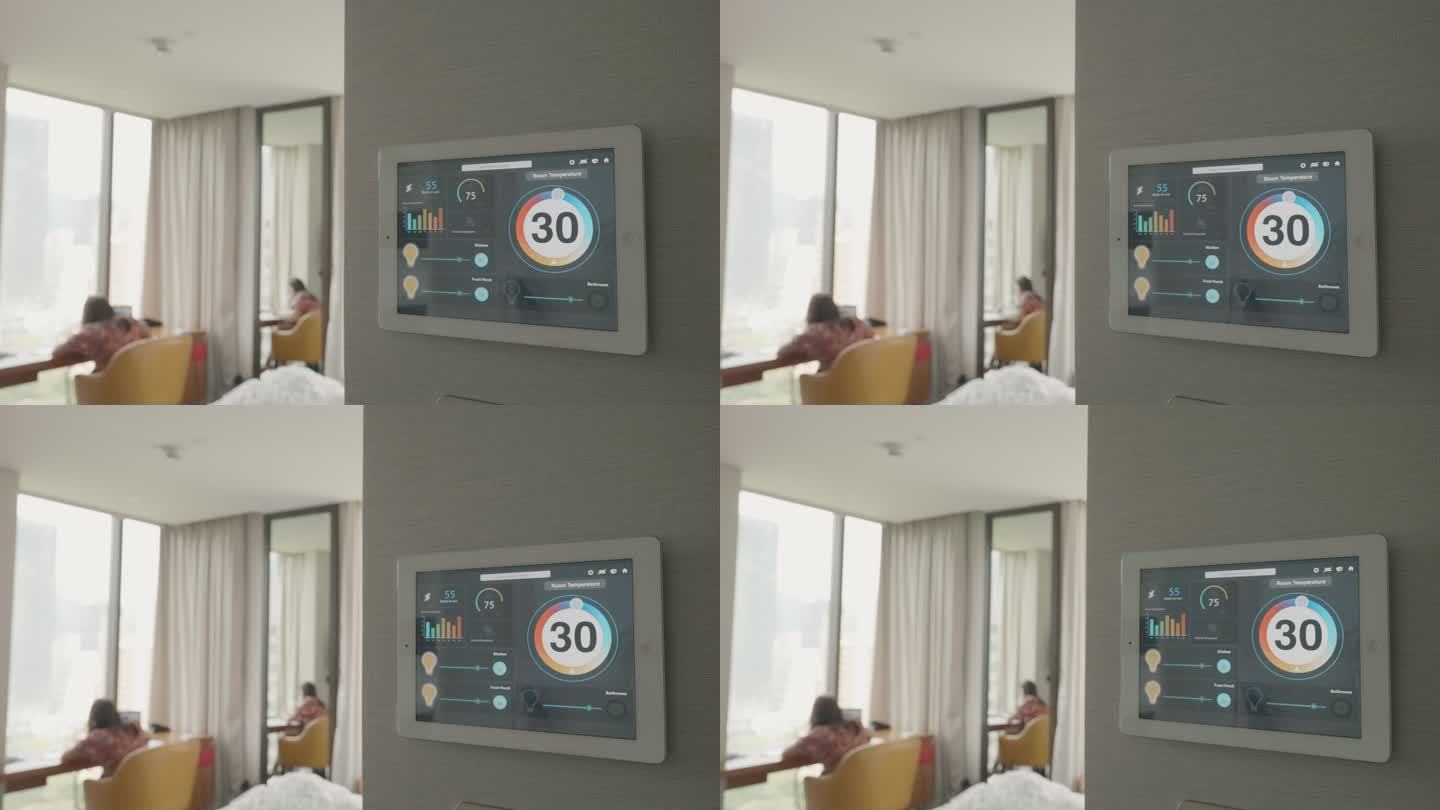 家庭自动化控制器应用程序屏幕，显示控制所有家用电器设备的智能家居概念