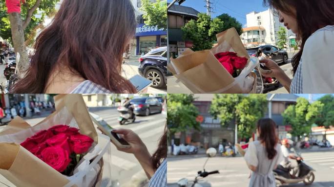 手棒着玫瑰花女孩子一边拿着鲜花一边打电话