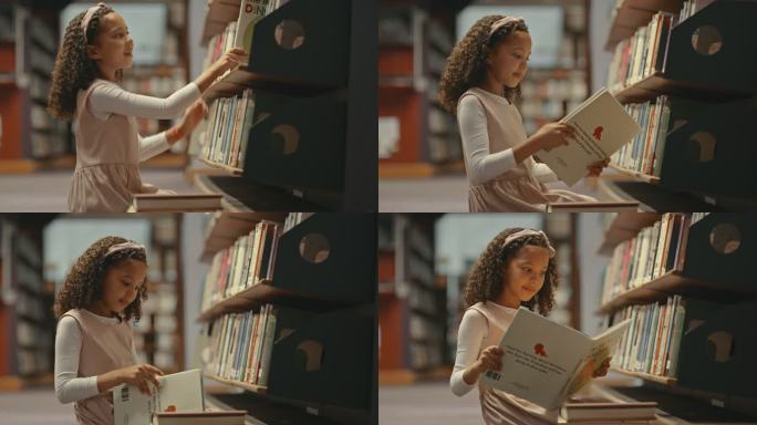 一个小女孩独自在图书馆里。一个小孩正在做研究。可爱的孩子在图书馆做她的学校作业。