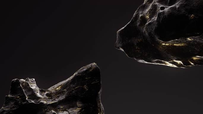 在失重状态下旋转的黑色石头和金色纹理的抽象3D动画。柔和的光线照亮了石头的纹理。