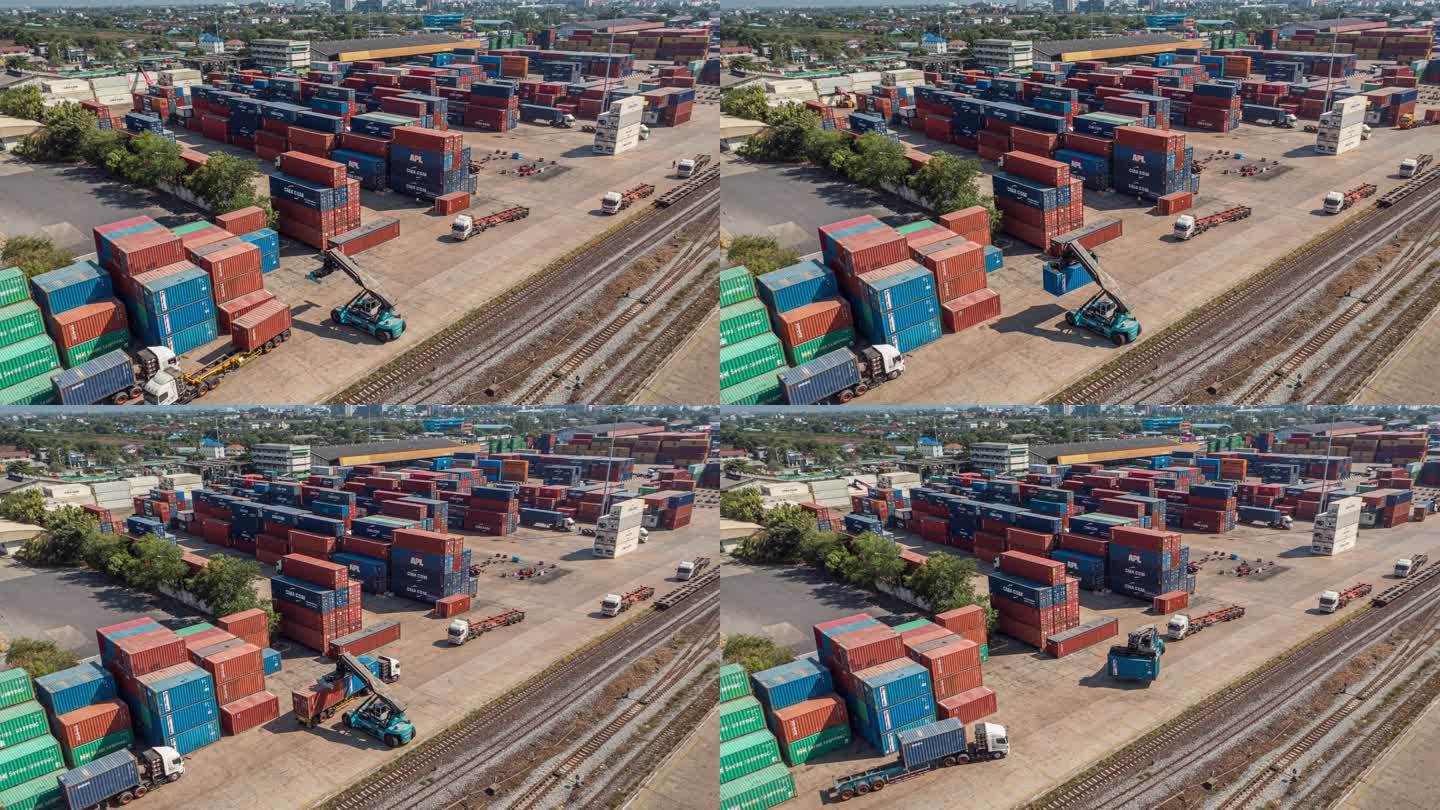 4K延时或超延时：码头商港集装箱货物仓库的繁忙交通，移动起重机卡车将集装箱装载到货运列车上，商业物流