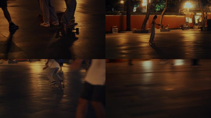 夜晚街头的滑板少年