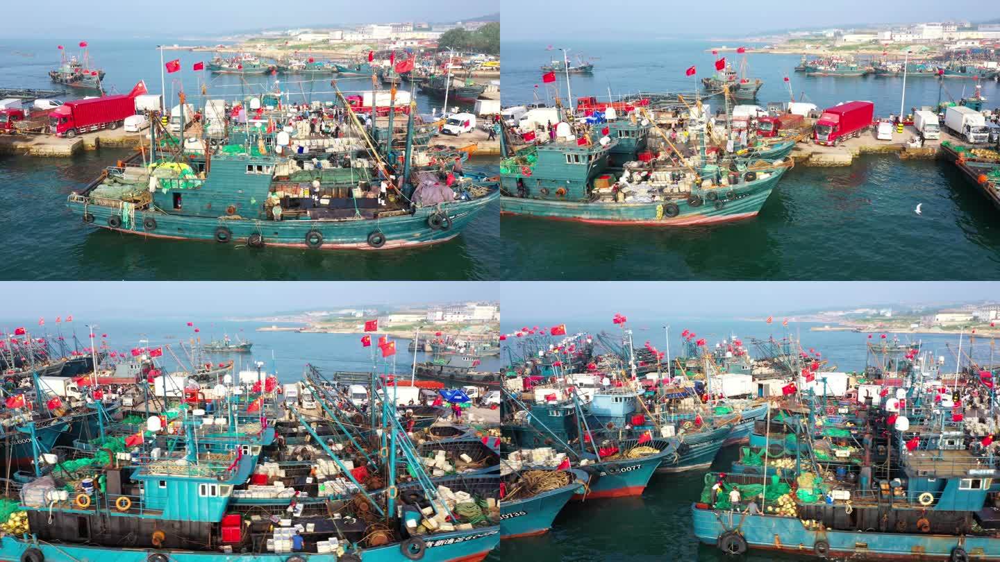 航拍青岛西海岸休渔期结束码头渔船捕捞归来