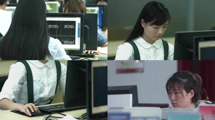 一组美女加班工作操作电脑