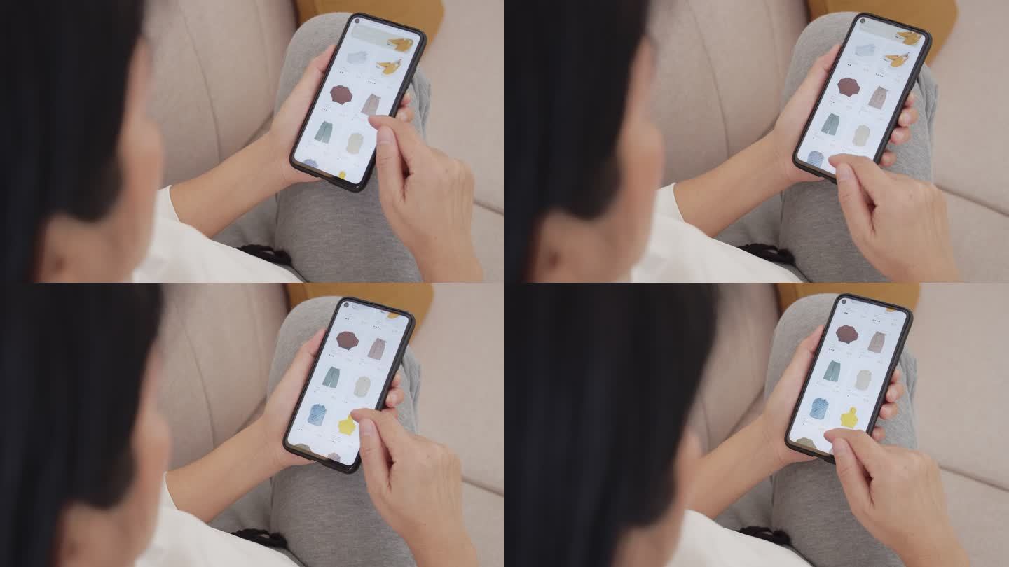 使用手机和“添加到购物车”按钮，在在线电子商务应用商店上近距离查看女性的手购物服装。非接触式和非现金
