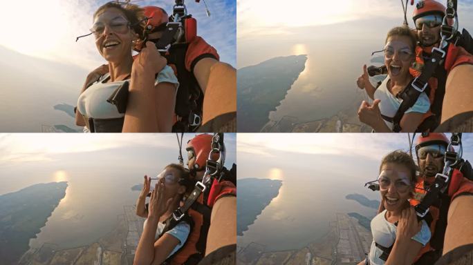 视角：女人在第一次双人跳伞时兴奋不已