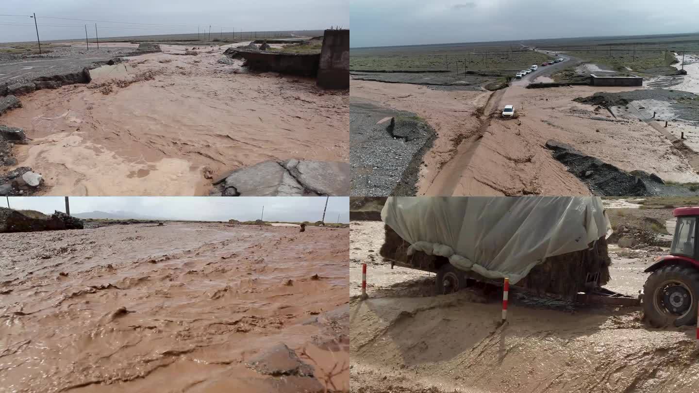 新疆南疆洪水公路车辆过洪水路面