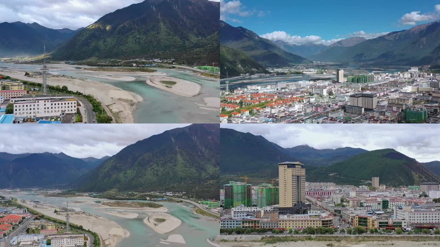 西藏林芝尼洋河畔的日出车水马龙的城市街景