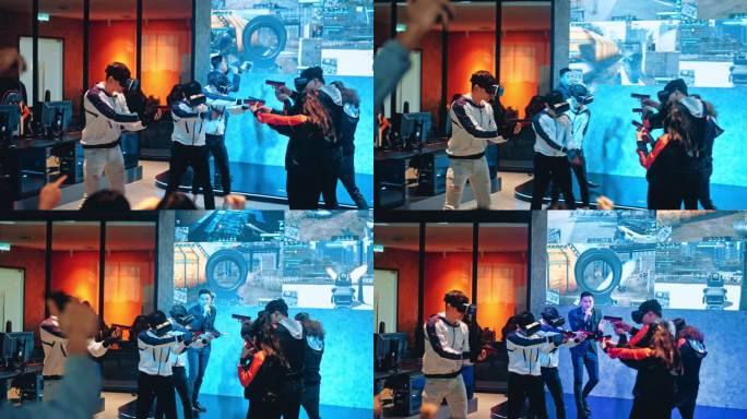 亚洲视频游戏评论员主持2支亚洲电子竞技队在舞台上进行虚拟现实拍摄视频游戏的总决赛
