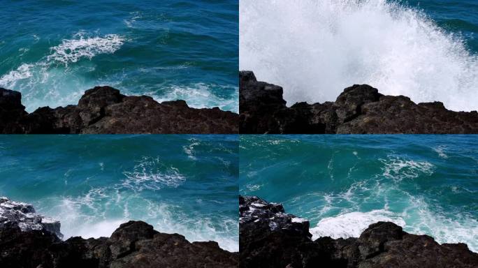 大海海浪拍打礁石慢镜头