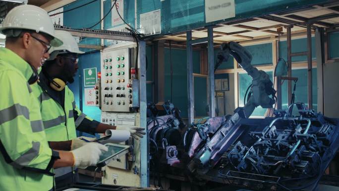 一组技术工程师，负责保护、工作服、控制和指导工厂工业机器人机械臂的维护