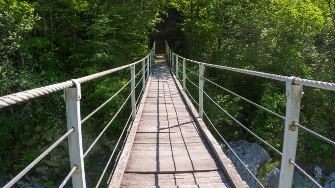 漫步在绿树成荫的吊桥上