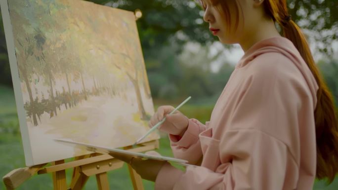 【4K】大学生美女户外写生绘画