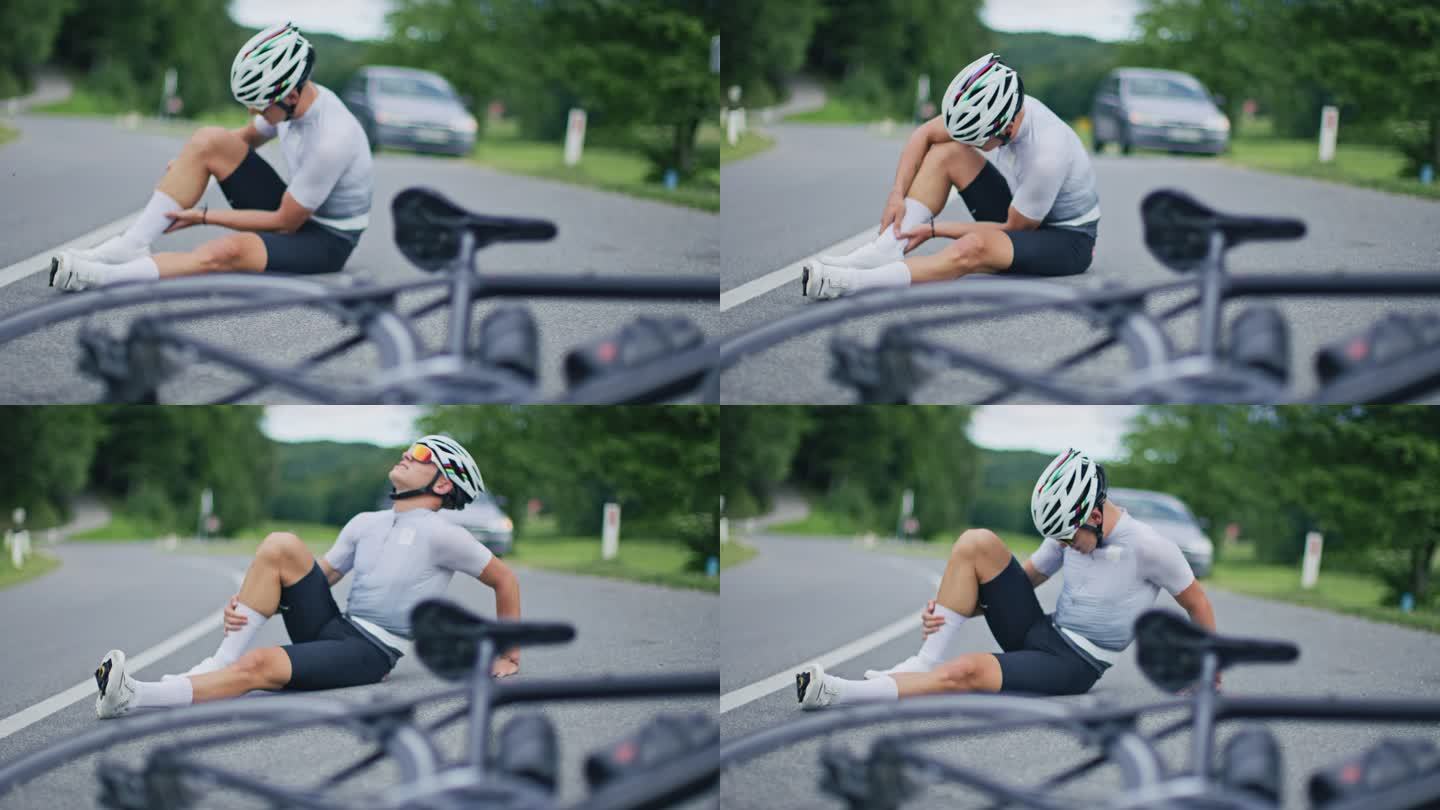 SLO-MO公路自行车手在发生事故时摩擦受伤的膝盖