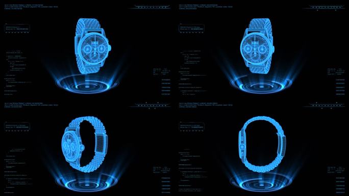 蓝色全息线框科技机械手表素材带通道