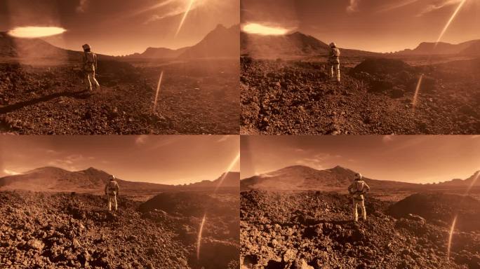 在火星上行走。一名女宇航员正在探索铁锈山脉。红色阳光和灰尘