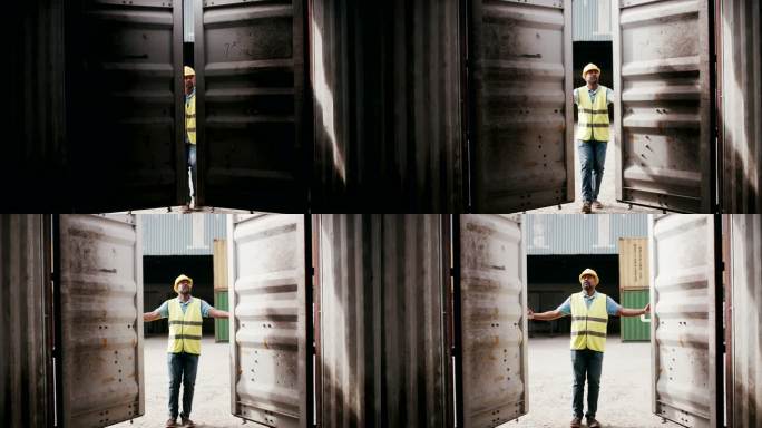 一名成年男子在仓库打开集装箱的4k视频片段