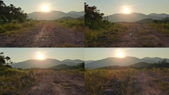 野外草地 崎岖山路 迎着逆光 早晨朝阳