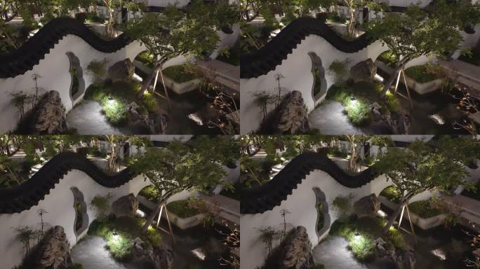夜晚中式合院江南园林别墅院子景观