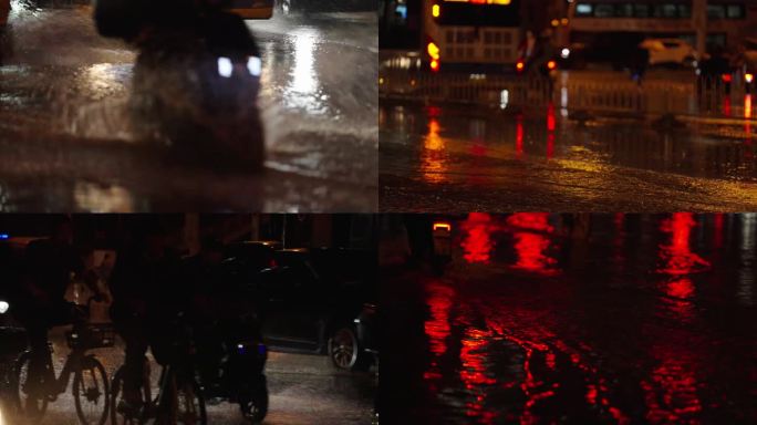 伤感失落夜晚 城市下雨 街道积水车流