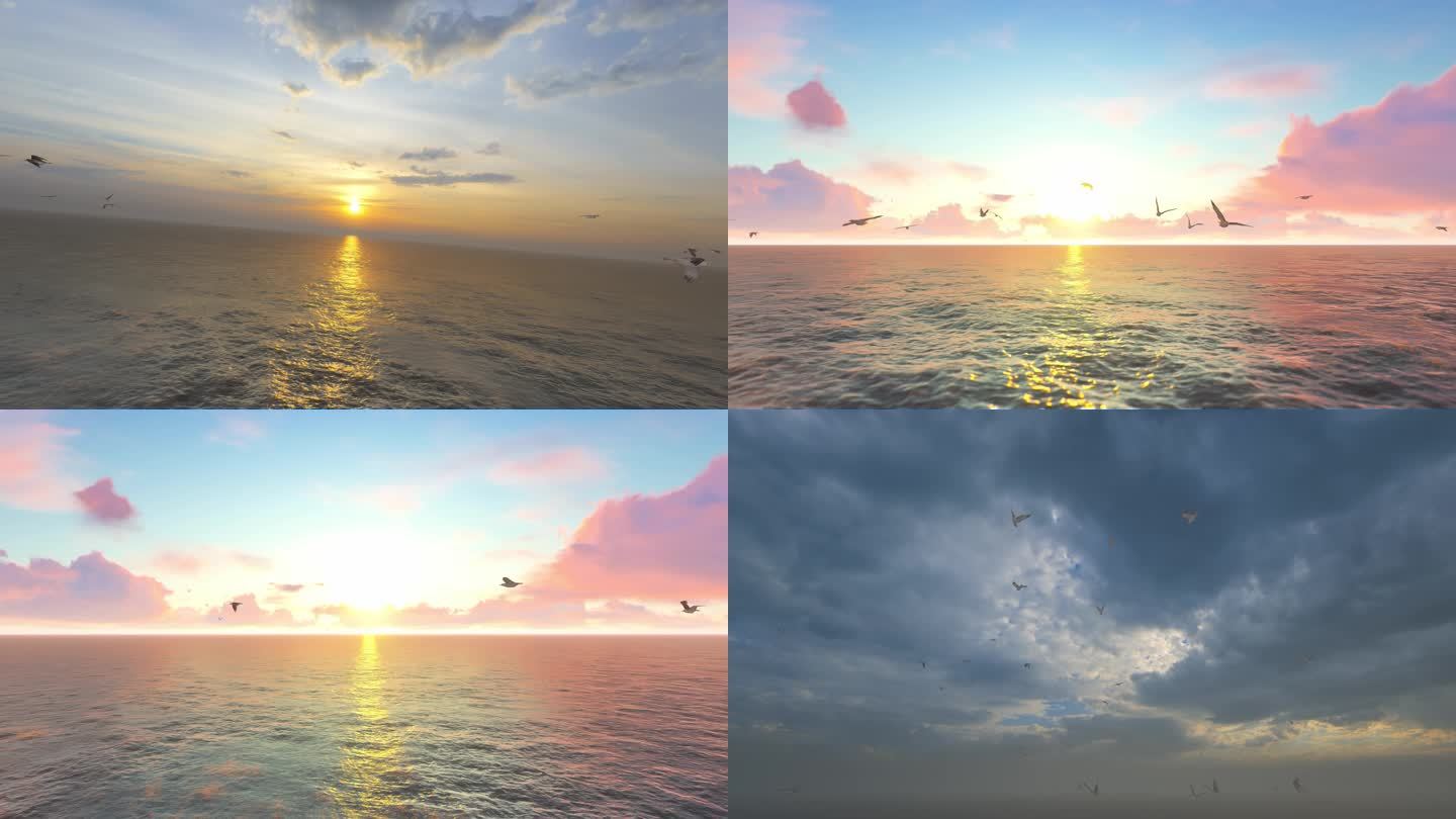 海鸥迎着太阳朝阳海面穿梭穿越飞行素材集合