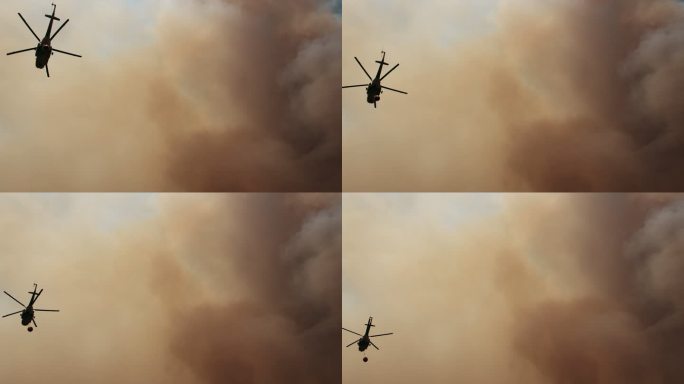 消防直升机演练救灾浓烟