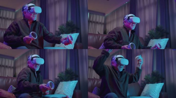 exicet亚洲老年人白胡子在家里客厅享受虚拟增强现实元宇宙电子竞技在线数字世界游戏，casial放