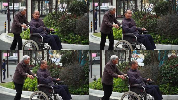 老年人 推轮椅 老伴 互相扶持 关心