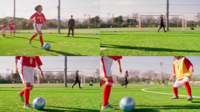 小学儿童足球或足球队成员练习射击，提高防守和进攻技能
