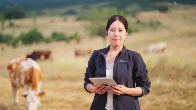 女农民用数字平板电脑查看牛