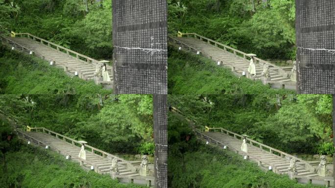 苏州虎丘山 撑伞走上阶梯空镜 4k画质